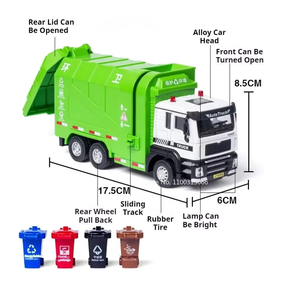 1:50 Electric Garbage Truck Model – Alloy Diecast Engineering Vehicle with Light & Sound