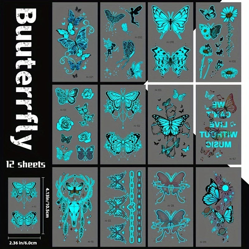 Luminous Butterfly Temporary Tattoo Stickers (12 Sheets)