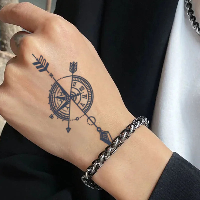 Compass & Clock Temporary Tattoo Sticker (1Pc)