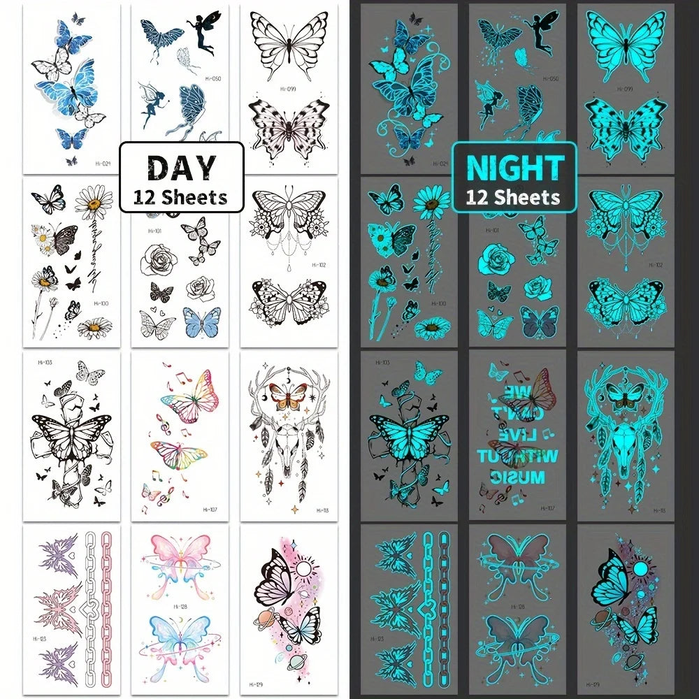 Luminous Butterfly Temporary Tattoo Stickers (12 Sheets)