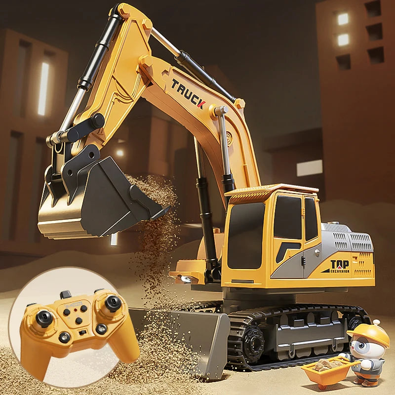 Alloy RC Excavator Toy – Remote Control Construction Vehicle with Lights & Sound