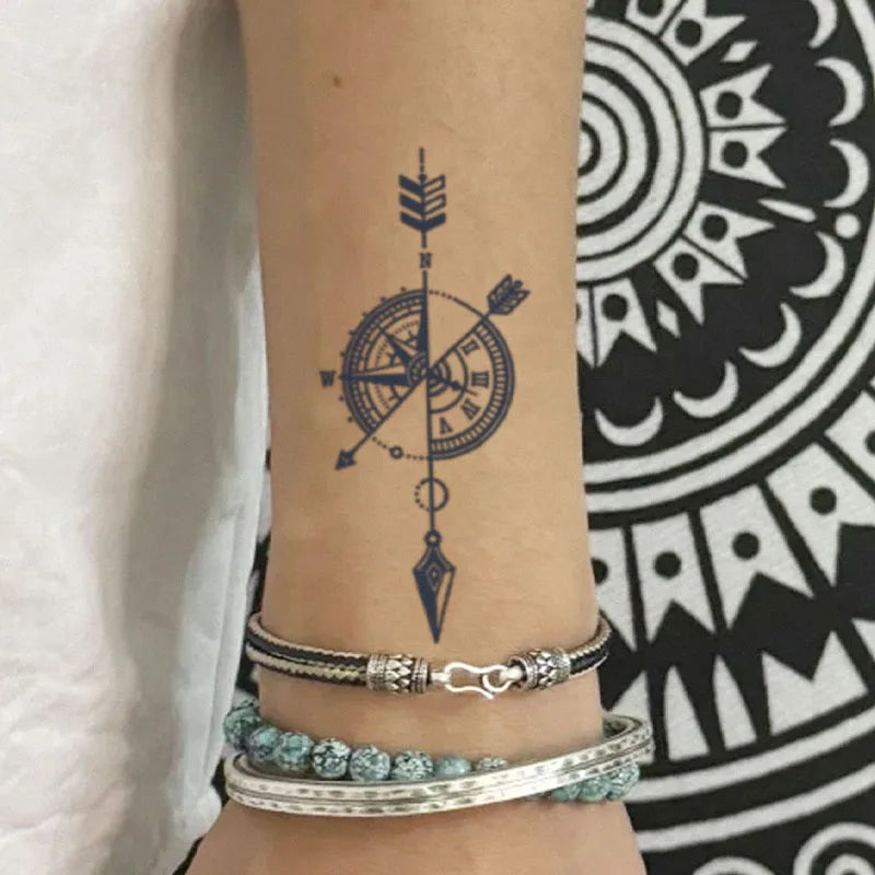 Compass & Clock Temporary Tattoo Sticker (1Pc)