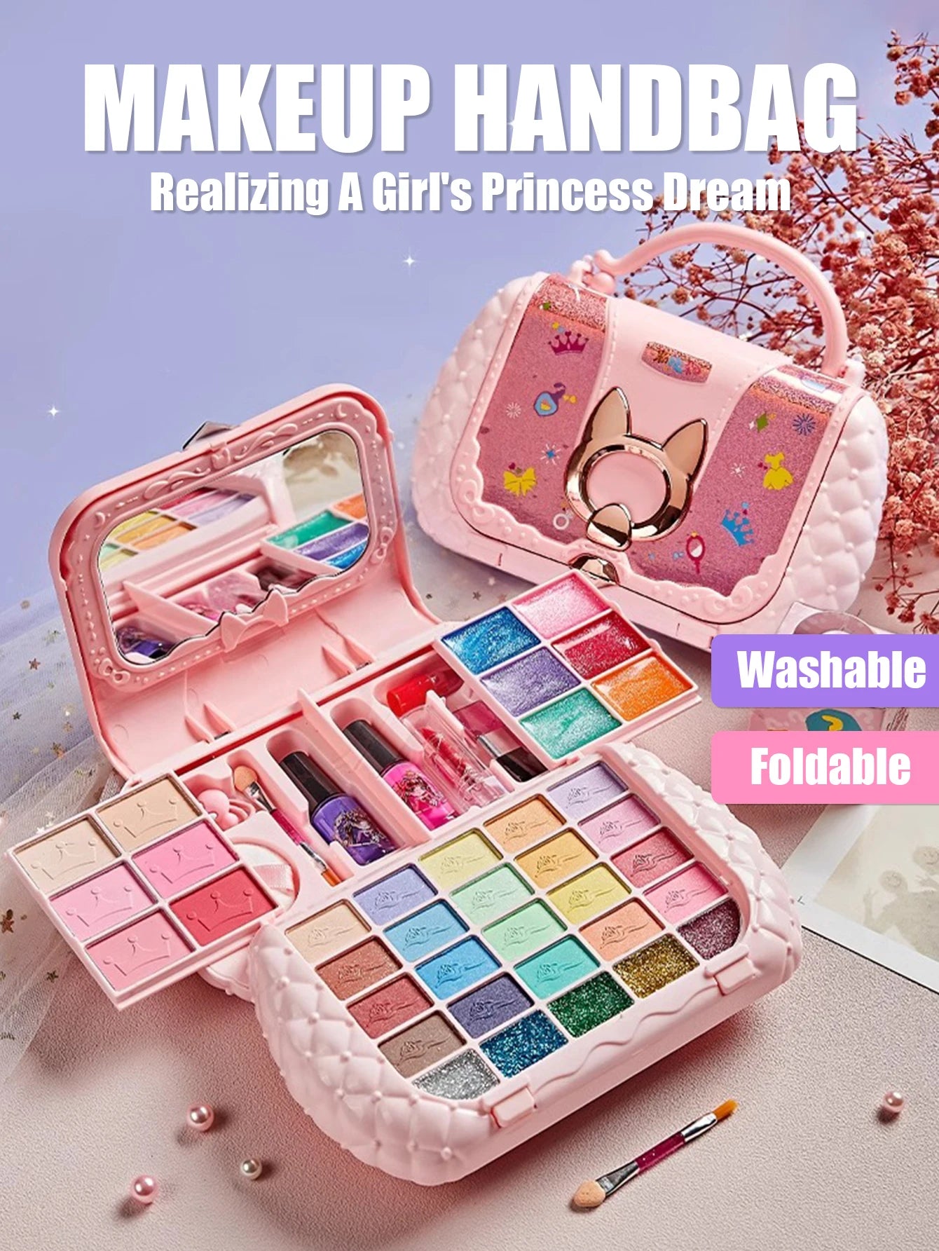 Children's Cosmetics Set with Mirror – Real Washable Beauty Toys for Girls