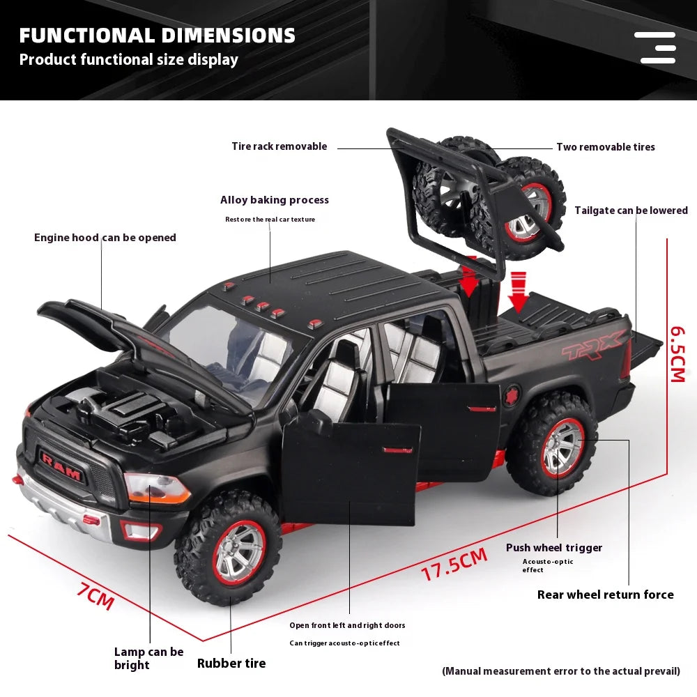 1:32 RAM Pickup Truck Alloy Model – Sound, Light & Pull-Back Action Toy for Kids